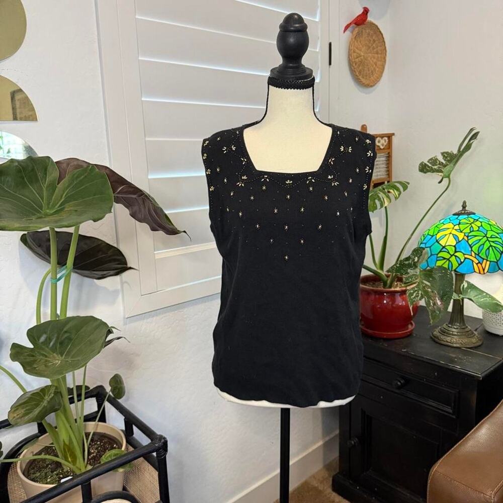 Y2K Vintage Boho Whimsigoth Dark Fairy KIKIT Black Beaded Knit Tank Top Size L